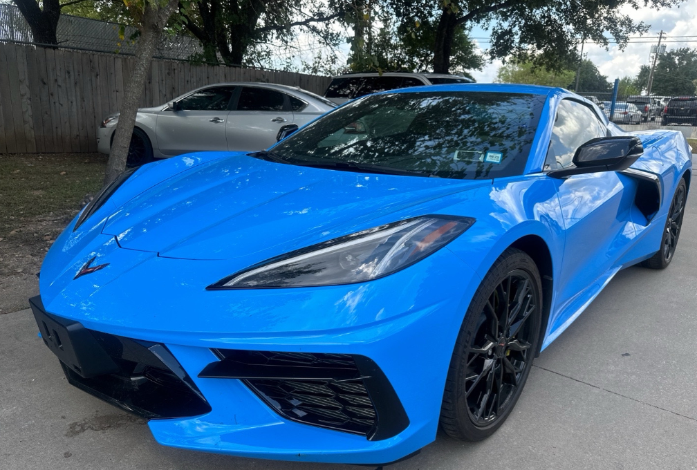 Rapid Blue Chevrolet Corvette C8 Stingray before Allstar Hauling transport